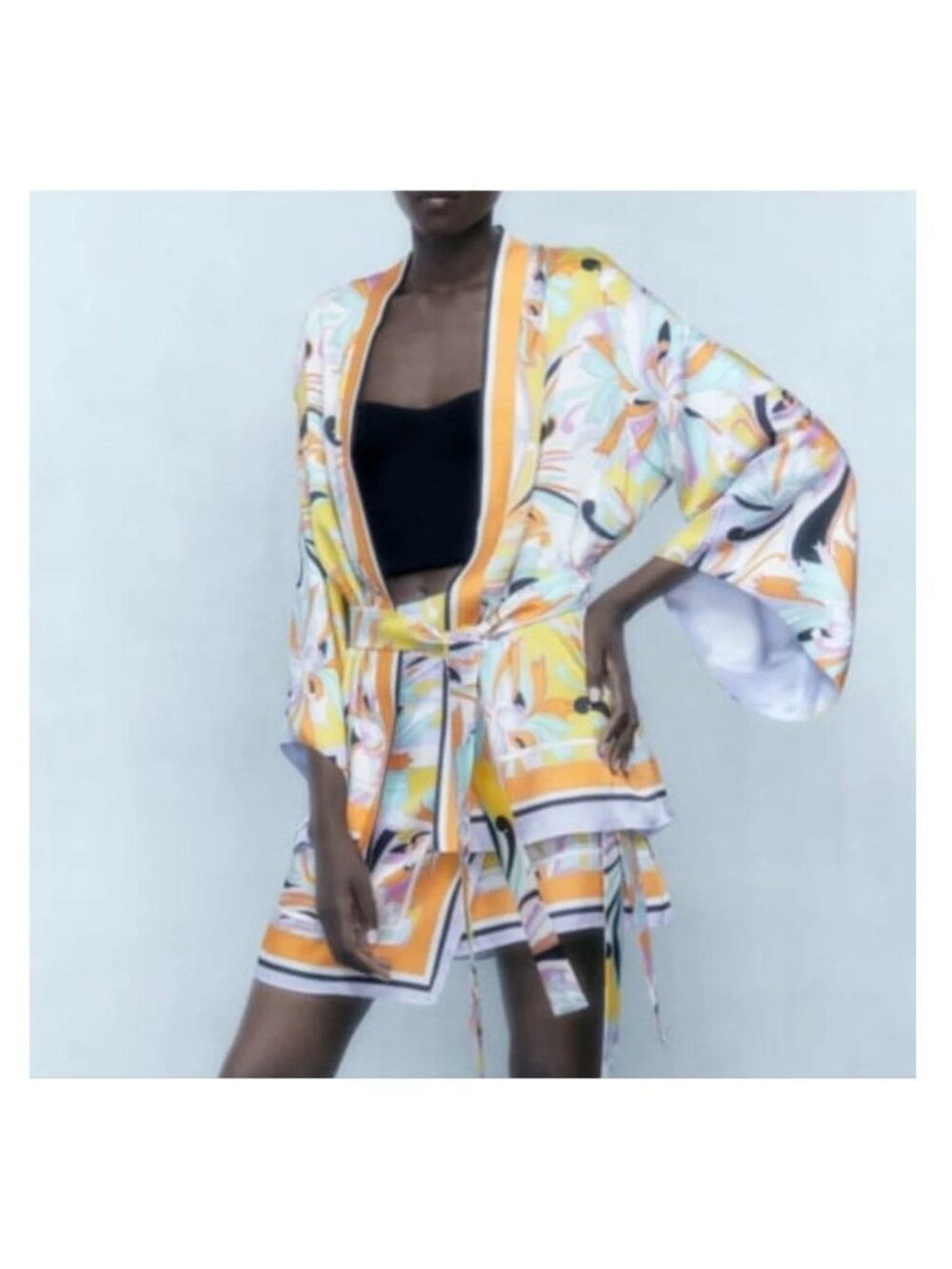 Zara Colorful Printed Short Belted Kimono Top Lightweight Boho Size Small Womens